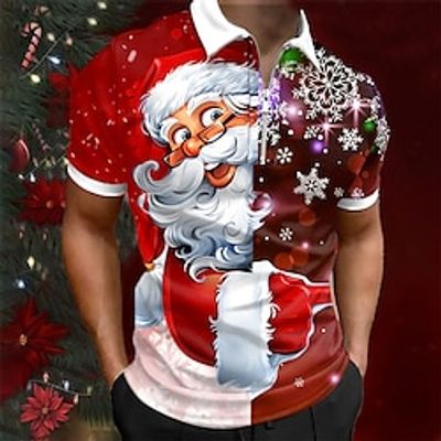 Santa Claus Men's Casual Print 3D Zip Polo Golf Polo Outdoor Daily Wear Streetwear Christmas Polyester Short Sleeve Turndown Zip Polo Shirts Wine Green Autumn / Fall S M L Micro-elastic Lapel Polo miniinthebox