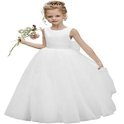 Pearl Beads Flower Girls Dress Sleeveless Puffy Tulle Princess Pageant Dresses First Communion Gown with Bow Lightinthebox