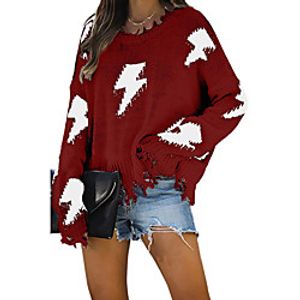 Women's Pullover Sweater Modern Style Lightning Casual Distressed Long Sleeve Sweater Cardigans Round Neck Fall Winter khaki White Black  Holiday Lightinthebox