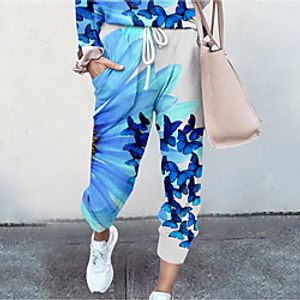 Women's Basic Soft Comfort Daily Home Jogger Pants Butterfly Flower / Floral Full Length Elastic Drawstring Design Print Blue miniinthebox