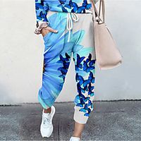 Women's Basic Soft Comfort Daily Home Jogger Pants Butterfly Flower / Floral Full Length Elastic Drawstring Design Print Blue miniinthebox - thumbnail