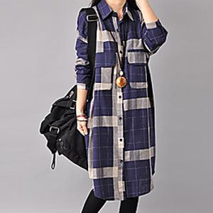 Women's Shirt Dress Knee Length Dress Blue Black Red Long Sleeve Plaid Print Fall Shirt Collar Casual 2021 M L XL XXL miniinthebox