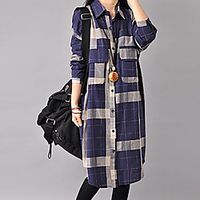 Women's Shirt Dress Knee Length Dress Blue Black Red Long Sleeve Plaid Print Fall Shirt Collar Casual 2021 M L XL XXL miniinthebox - thumbnail