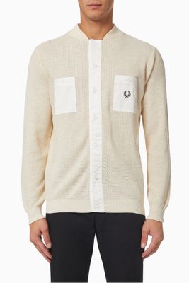 Woven Pocket Textured Cardigan in Cotton Knit Woven Pocket Textured Cardigan in Cotton Knit
