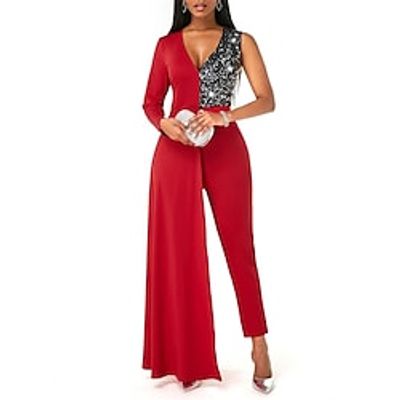 Women's Jumpsuit Patchwork High Waist Color Block V Neck Streetwear Going out Slim Long Sleeve Blue Red Black S M L Winter Lightinthebox