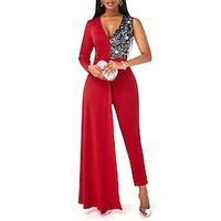 Women's Jumpsuit Patchwork High Waist Color Block V Neck Streetwear Going out Slim Long Sleeve Blue Red Black S M L Winter Lightinthebox - thumbnail