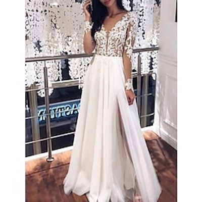 Beach Mature Wedding Dresses A-Line V Neck Long Sleeve Floor Length Lace Bridal Gowns With Pleats Split Front 2023 Lightinthebox