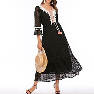 Women's A Line Dress Midi Dress Black 3/4 Length Sleeve Color Block Embroidered Layered Tassel Fringe Spring Summer V Neck Stylish Casual Boho 2022 S M L / Ruffle / Lace miniinthebox