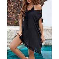 Women's Cover Up Beach Dress Beach Wear Mini Dress Tassel Fringe Patchwork Tropical Casual Solid Color V Neck Short Sleeve Loose Fit Going out Beach Black 2023 Spring Summer Lightinthebox - thumbnail