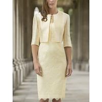Two Piece Mother of the Bride Dress Elegant Petite Jewel Neck Knee Length Chiffon Lace Half Sleeve with Solid Color 2023 Lightinthebox - thumbnail