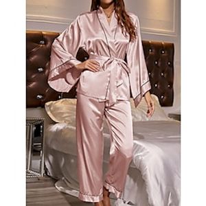 Women's Pajamas Sets Pure Color Casual Comfort Soft Home Bed Satin Breathable V Wire Long Sleeve Pant Fall Winter Black Pink Lightinthebox