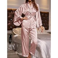 Women's Pajamas Sets Pure Color Casual Comfort Soft Home Bed Satin Breathable V Wire Long Sleeve Pant Fall Winter Black Pink Lightinthebox - thumbnail