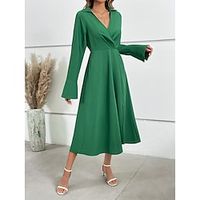 Women's Casual Dress Swing Dress A Line Dress Midi Dress Ruched Split Street Vacation Streetwear A Line V Neck Long Sleeve Loose Fit Green Color S M L XL Size Lightinthebox - thumbnail
