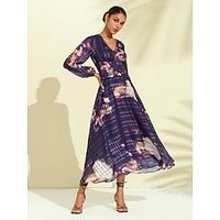 Women's A Line Dress Print Dress Midi Dress Purple Long Sleeve Shading Printing High Waisted Spring Fall V Neck Pattern Dress S M L Lightinthebox