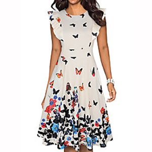 Women's A Line Dress Knee Length Dress Yellow Blushing Pink Dusty Rose Green White Black Red Navy Blue Beige Sleeveless Floral Butterfly Print Fall Round Neck Casual 2021 S M L XL XXL Lightinthebox
