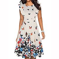 Women's A Line Dress Knee Length Dress Yellow Blushing Pink Dusty Rose Green White Black Red Navy Blue Beige Sleeveless Floral Butterfly Print Fall Round Neck Casual 2021 S M L XL XXL Lightinthebox - thumbnail