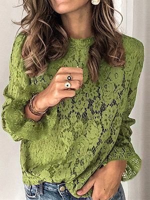 Women's Bell Sleeve Long Sleeve Hollow Lace Blouses