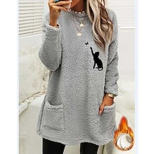 Women's Sweatshirt Pullover Sherpa Fleece Teddy Pocket Gray Cat Butterfly Street Round Neck Long Sleeve Fleece S M L XL 2XL 3XL Lightinthebox