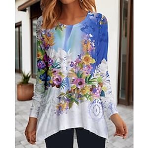 Women's T shirt Tee Floral Yellow Red Blue Flowing tunic Print Long Sleeve Holiday Weekend Fashion Round Neck Regular Fit Spring   Fall Lightinthebox