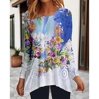 Women's T shirt Tee Floral Yellow Red Blue Flowing tunic Print Long Sleeve Holiday Weekend Fashion Round Neck Regular Fit Spring   Fall Lightinthebox - thumbnail