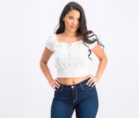 Womens Off Shoulder Elastic Waist Cropped Blouse  White - thumbnail