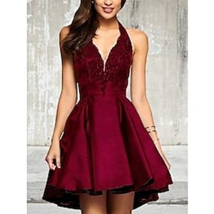 A-Line Homecoming Dresses Elegant Dress Holiday Short  Mini Sleeveless V Neck Satin with Appliques 2023 Lightinthebox