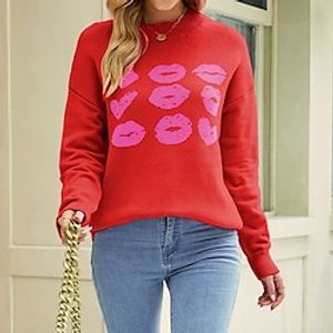 Women's Pullover Sweater jumper Jumper Ribbed Knit Knitted Color Block Crew Neck Stylish Casual Outdoor Daily Winter Fall Fuchsia Red S M L / Long Sleeve / Heart / Regular Fit / Going out miniinthebox