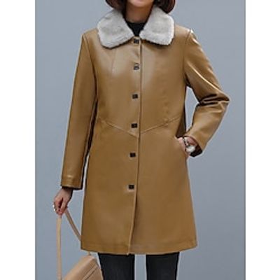 Women's Faux Leather Jacket Coat Warm Breathable Outdoor Casual Daily Wear Button Pocket Fur Collar Single Breasted Turndown Fashion Daily Modern Solid Color Regular Fit Outerwear Long Sleeve Fall Lightinthebox