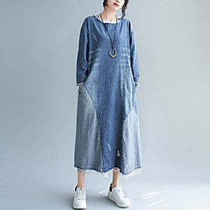 Women's Denim Dress Midi Dress Blue Long Sleeve Color Block Tassel Fringe Pocket Patchwork Fall Spring Round Neck Casual Holiday Loose 2021 M L XL XXL miniinthebox