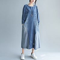 Women's Denim Dress Midi Dress Blue Long Sleeve Color Block Tassel Fringe Pocket Patchwork Fall Spring Round Neck Casual Holiday Loose 2021 M L XL XXL miniinthebox - thumbnail