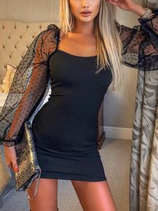YOINS Mesh Patchwork Square Neck Long Sleeves Mini Dress