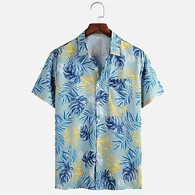 Men's Shirt Print Graphic Patterned Leaves Turndown Street Daily Button-Down Print Short Sleeve Tops Casual Fashion Breathable Comfortable Blue miniinthebox