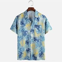 Men's Shirt Print Graphic Patterned Leaves Turndown Street Daily Button-Down Print Short Sleeve Tops Casual Fashion Breathable Comfortable Blue miniinthebox - thumbnail