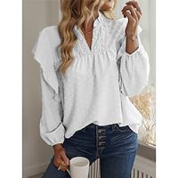 Shirt Lace Shirt Blouse Women's Black White Yellow Plain Lace Ruffle Street Daily Basic Modern V Neck Regular Fit S Lightinthebox