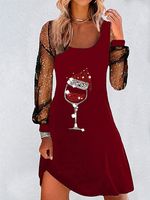 Women's Christmas Wine Glass Printed Mesh Splicing A-Line Dress
