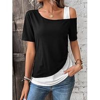 T shirt Tee Women's Black Pink Color Block Cold Shoulder Street Daily Fashion One Shoulder Regular Fit S Lightinthebox