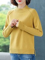 Half High Collar Plain Long Sleeve Knit Pullover - thumbnail