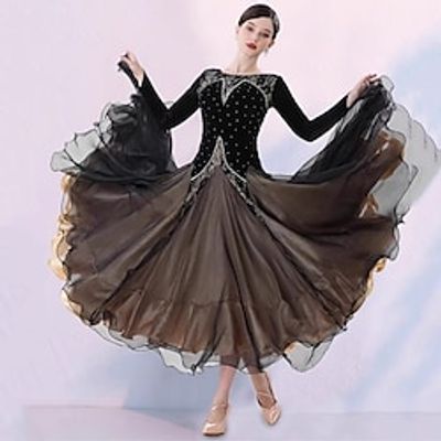 Ballroom Dance Dress Lace Splicing Crystals  Rhinestones Women's Performance Party Long Sleeve Mesh Organza Velvet Lightinthebox