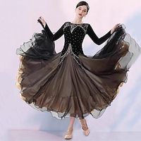 Ballroom Dance Dress Lace Splicing Crystals  Rhinestones Women's Performance Party Long Sleeve Mesh Organza Velvet Lightinthebox - thumbnail
