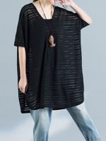 Women Half Sleeve Irregular Hem Loose Cotton Blend T-shirts