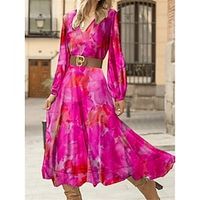 Women's Party Dress Cocktail Dress Wedding Guest Dress Midi Dress Fuchsia Long Sleeve Floral Print Spring Fall Winter V Neck Fashion Wedding Guest Vacation 2023 S M L XL XXL 3XL miniinthebox