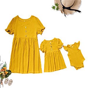 Family Look Dress Solid Colored Print Yellow Short Sleeve Knee-length Matching Outfits miniinthebox