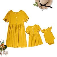 Family Look Dress Solid Colored Print Yellow Short Sleeve Knee-length Matching Outfits miniinthebox - thumbnail
