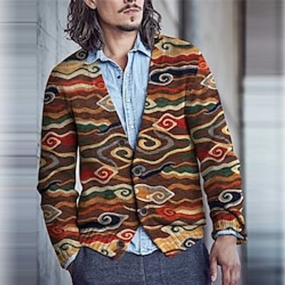 Color Block Tribal Geometry Retro Vintage Tribal Men's Button Knitting Print Cardigan Sweater Knitwear Cowichan cardigan sweater Outdoor Daily Vacation Long Sleeve V Neck Sweaters Red Brown Fall Lightinthebox