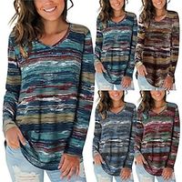 Women's T shirt Tee Striped Multi Color Basic V Neck Standard Spring claret Blue Brown Grey Lightinthebox - thumbnail