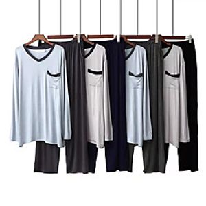 Men's Elastic Waistband Solid Color Modal Cotton Loungewear Suits Casual T shirt Pant V Wire Home M Gray  2 Pieces  2 Pieces  Long Sleeve Lightinthebox