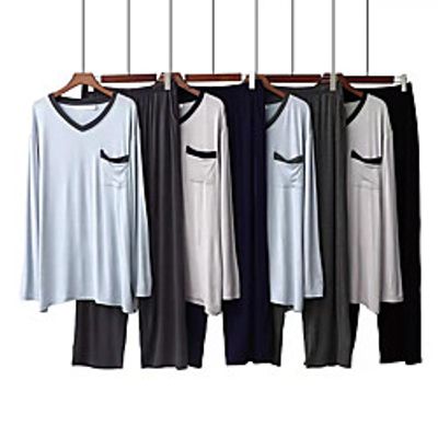 Men's Elastic Waistband Solid Color Modal Cotton Loungewear Suits Casual T shirt Pant V Wire Home M Gray  2 Pieces  2 Pieces  Long Sleeve Lightinthebox