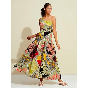 Hem Block Tie Back One Shoulder Sleeveless Maxi Dress