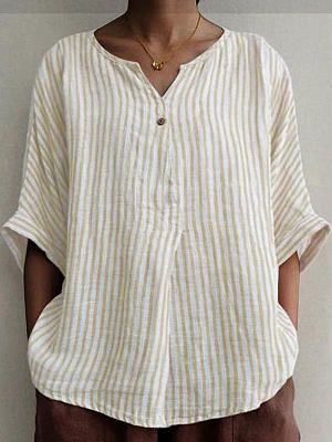 V-neck Loose Stripe Print Sunscreen Short-sleeved Blouse V-neck Loose Stripe Print Sunscreen Short-sleeved Blouse