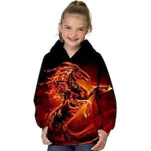 Kids Girls' Hoodie Long Sleeve 3D Print Horse Animal Pocket Orange Children Tops Fall Winter Fashion Streetwear Adorable Daily Indoor Outdoor Regular Fit 3-13 Years Lightinthebox